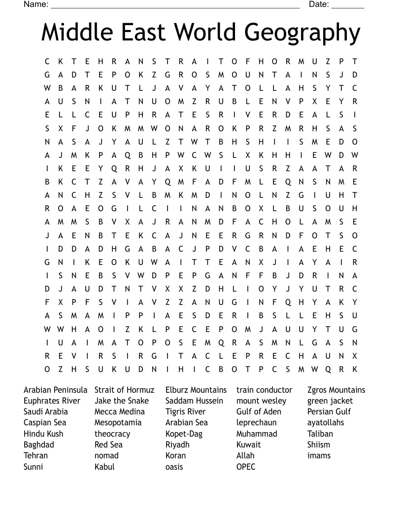 Middle East World Geography Word Search WordMint