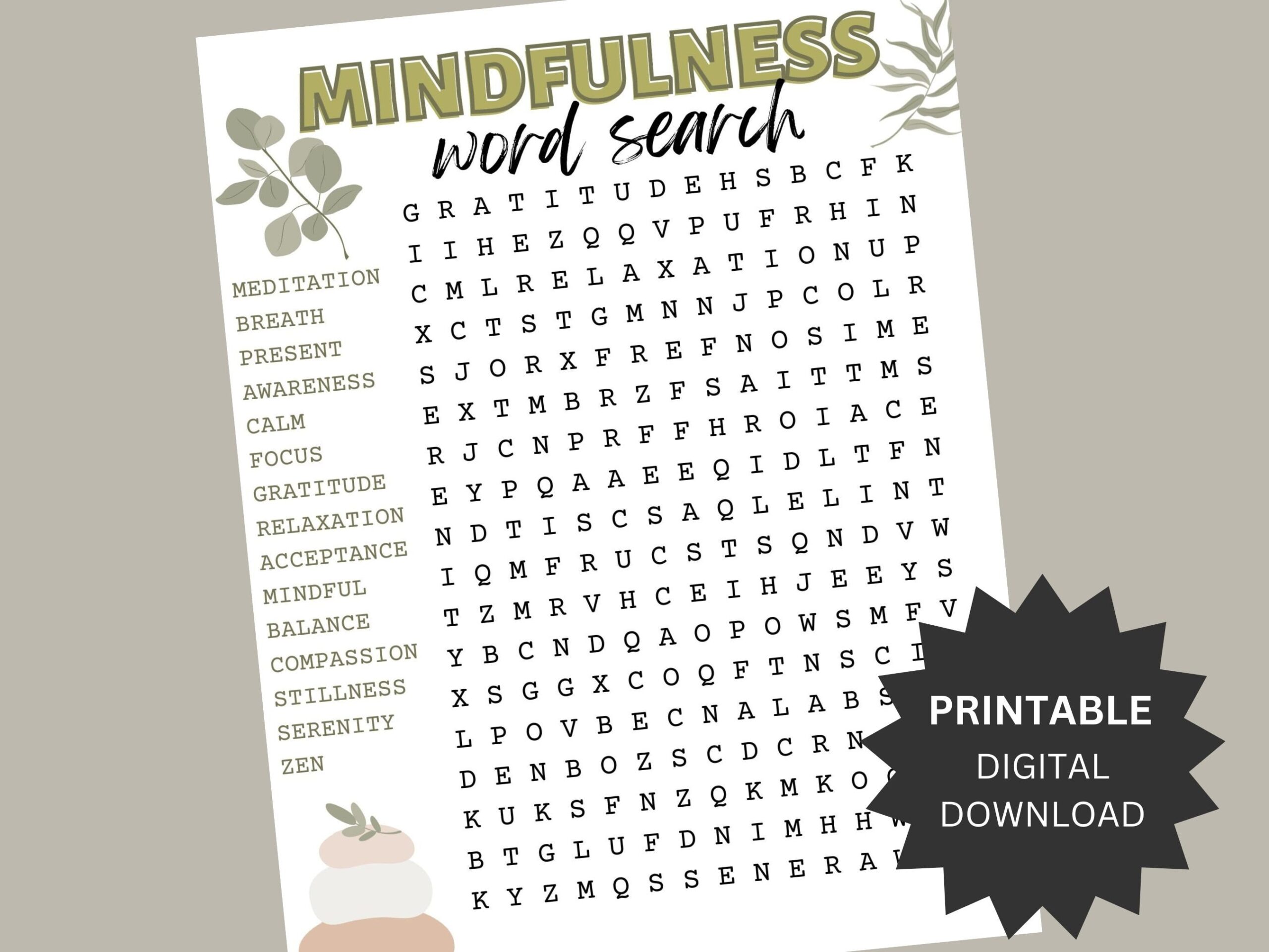Mindfulness Word Search Puzzle Printable Relaxing And Challenging Activity Etsy