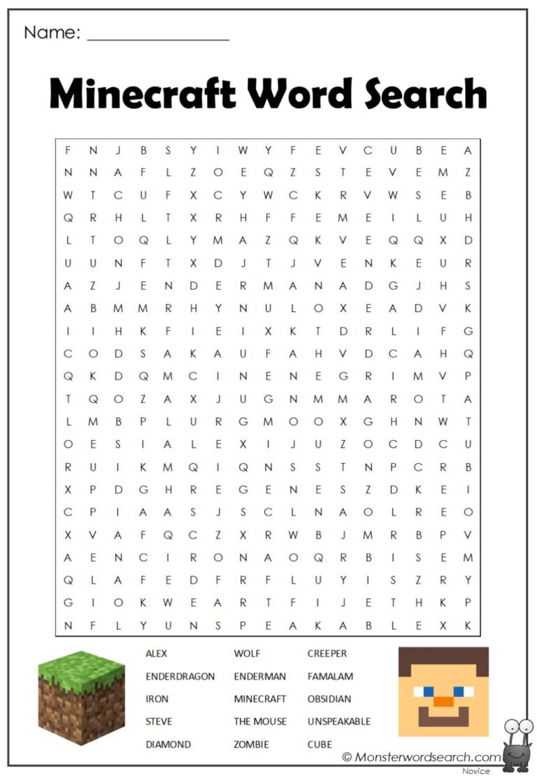 Minecraft Word Search Monster Word Search