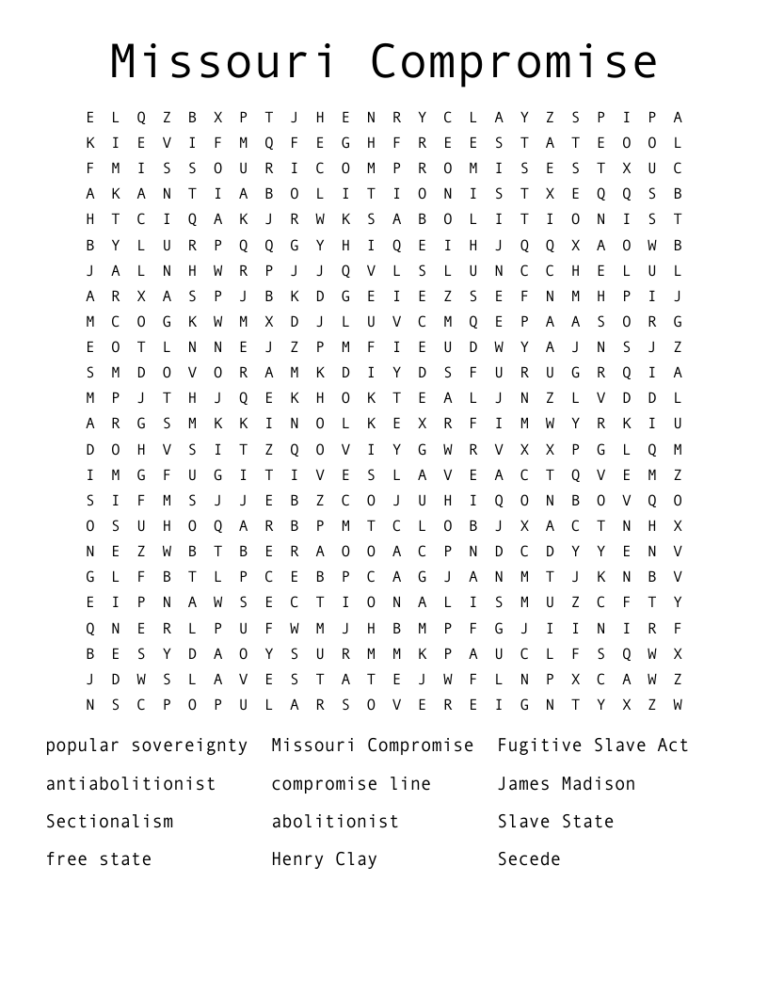 Missouri Compromise Word Search WordMint