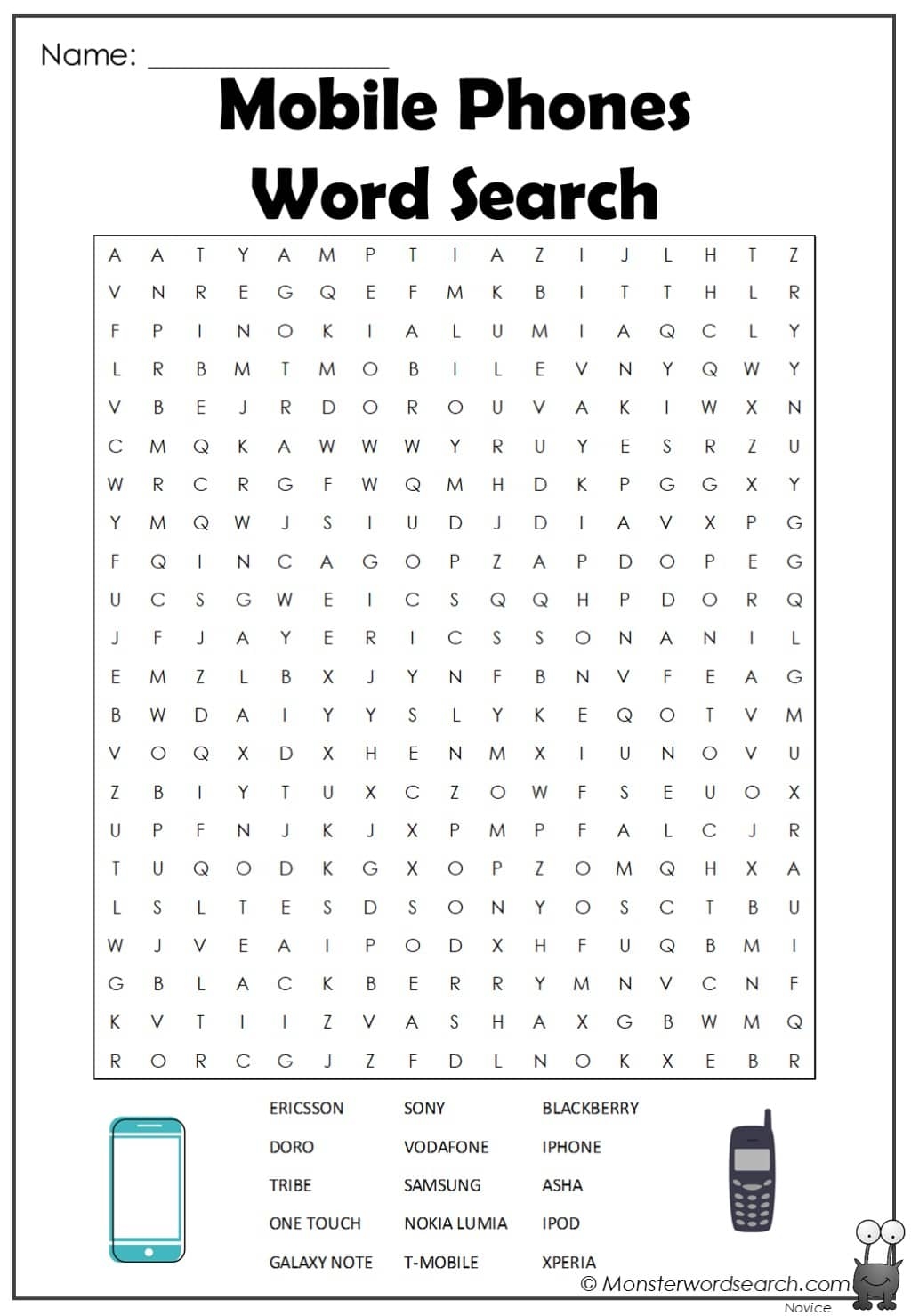 Mobile Phones Word Search Monster Word Search