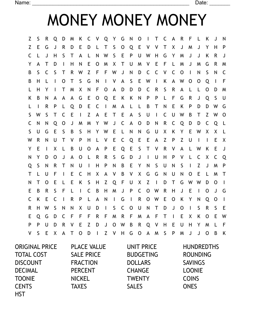 MONEY MONEY MONEY Word Search WordMint