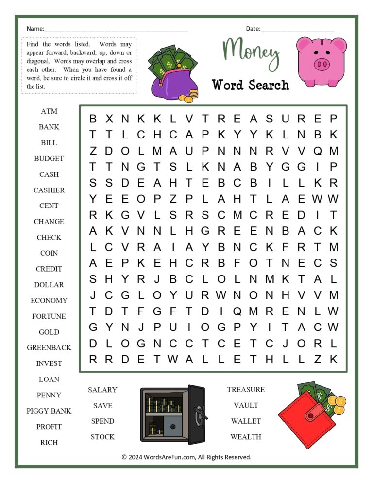 Money Word Search For Kids