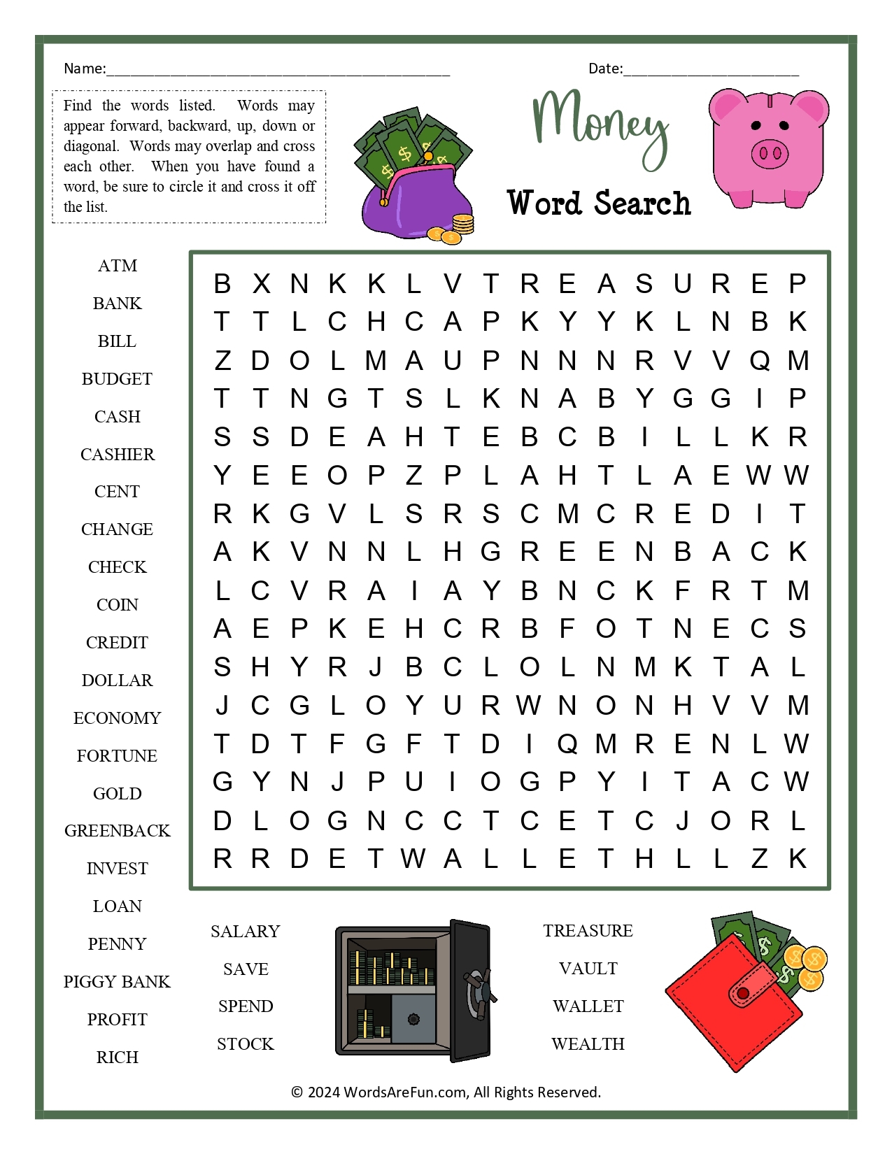 Money Word Search For Kids
