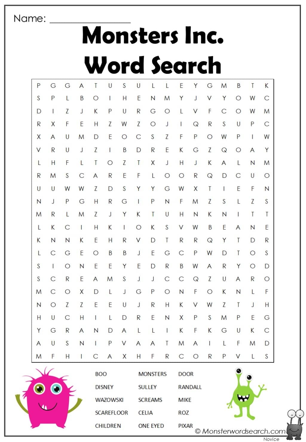 Pixar Word Search Printable