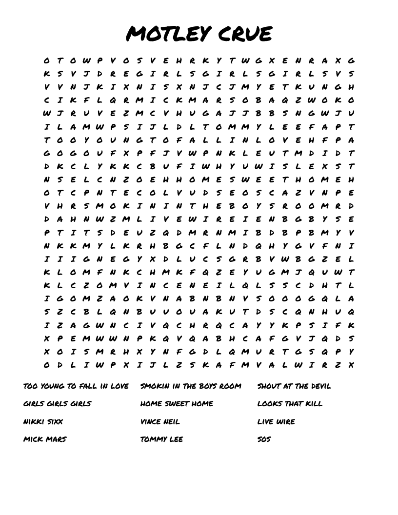 Motley Crue Word Search WordMint