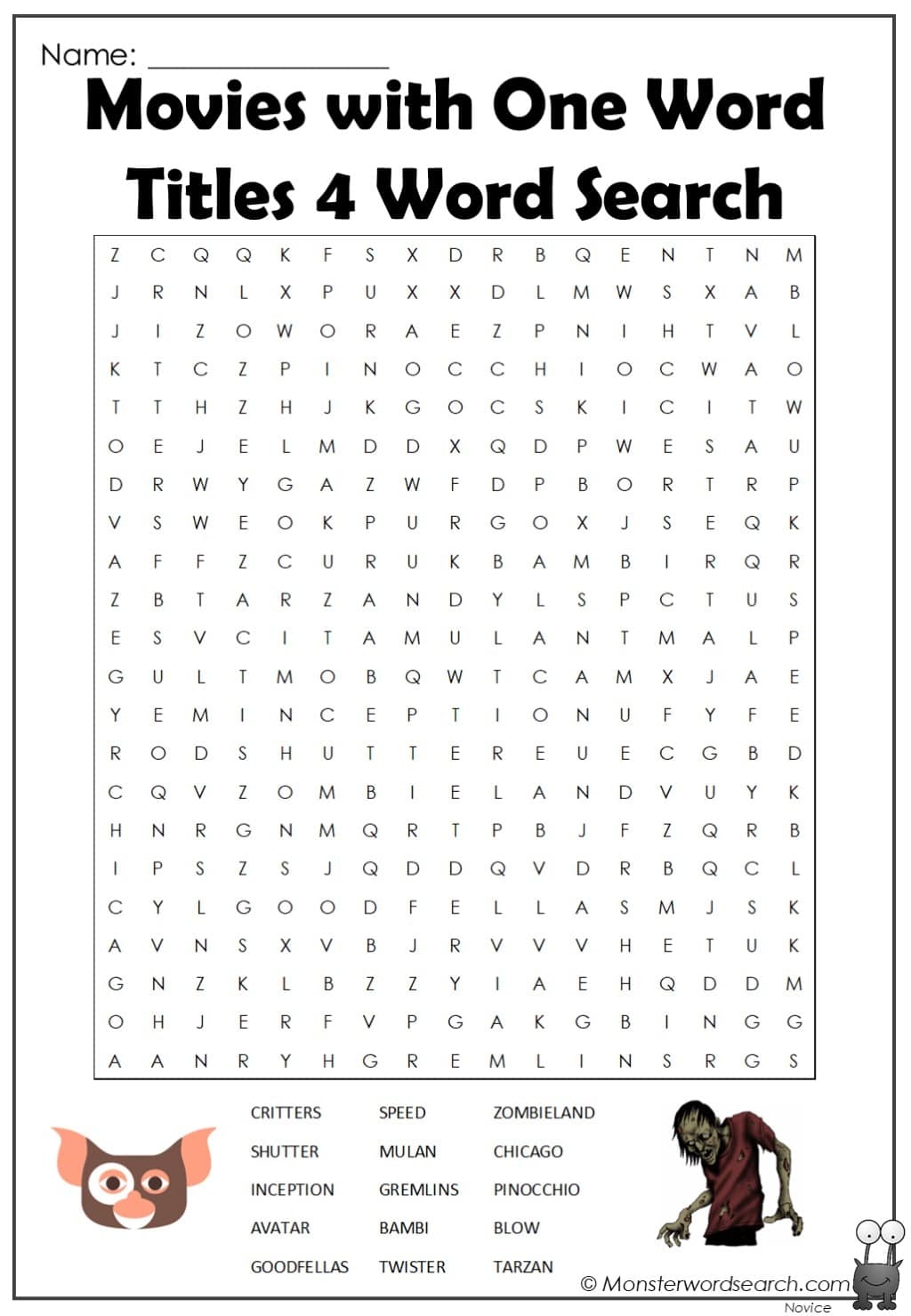 Movies With One Word Titles 4 Word Search Monster Word Search