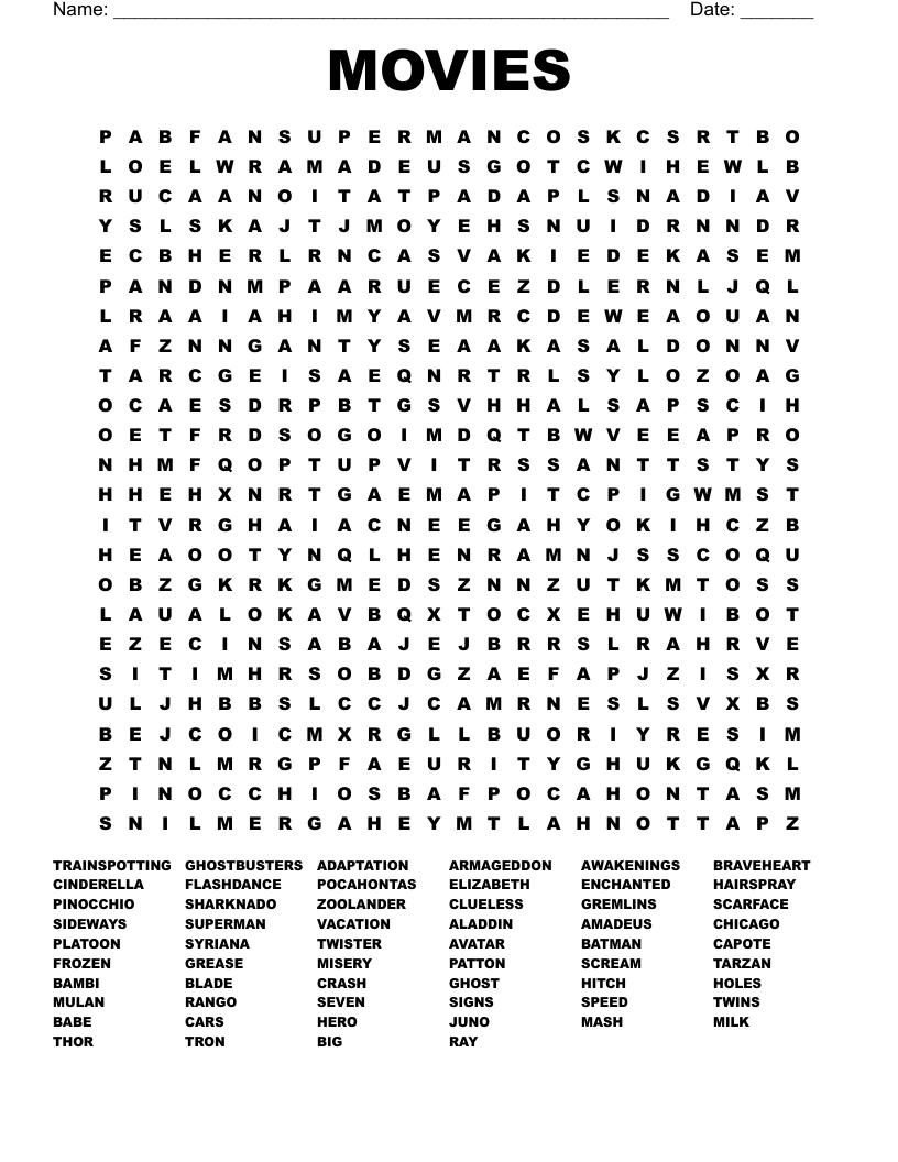 MOVIES Word Search WordMint