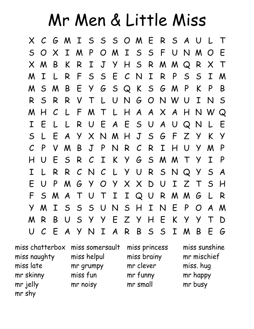 Mr Men U0026 Little Miss Word Search WordMint Mr Men U0026 Little Miss Word Search WordMint