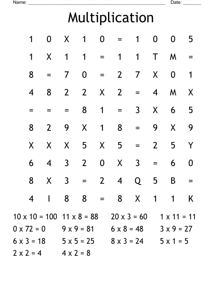 Multiplication Word Search WordMint
