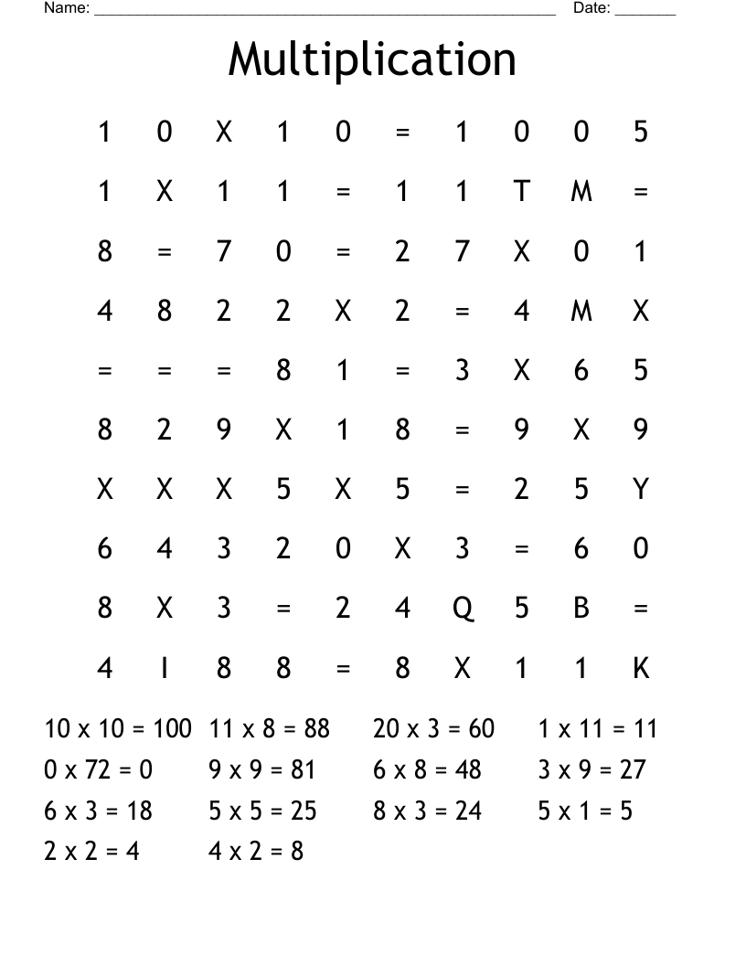 Multiplication Word Search WordMint