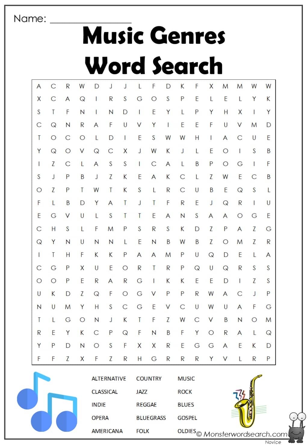 Music Genres Word Search Monster Word Search