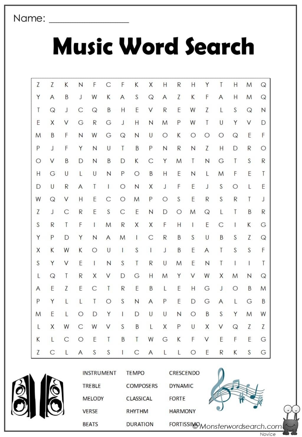 Music Word Search Monster Word Search