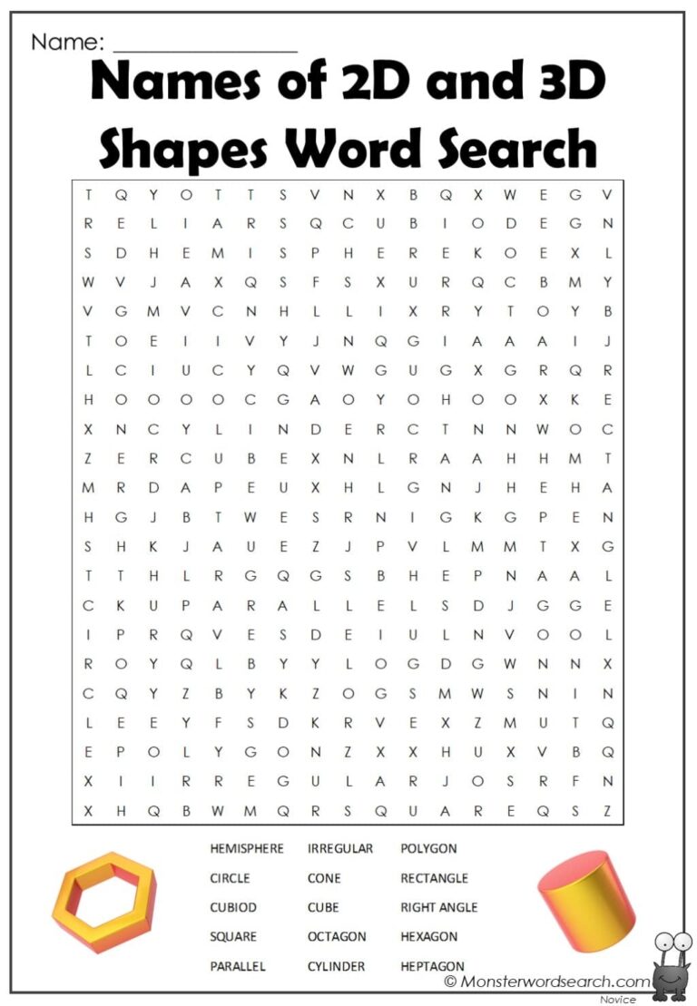 Names Of 2d And 3d Shapes Word Search Monster Word Search