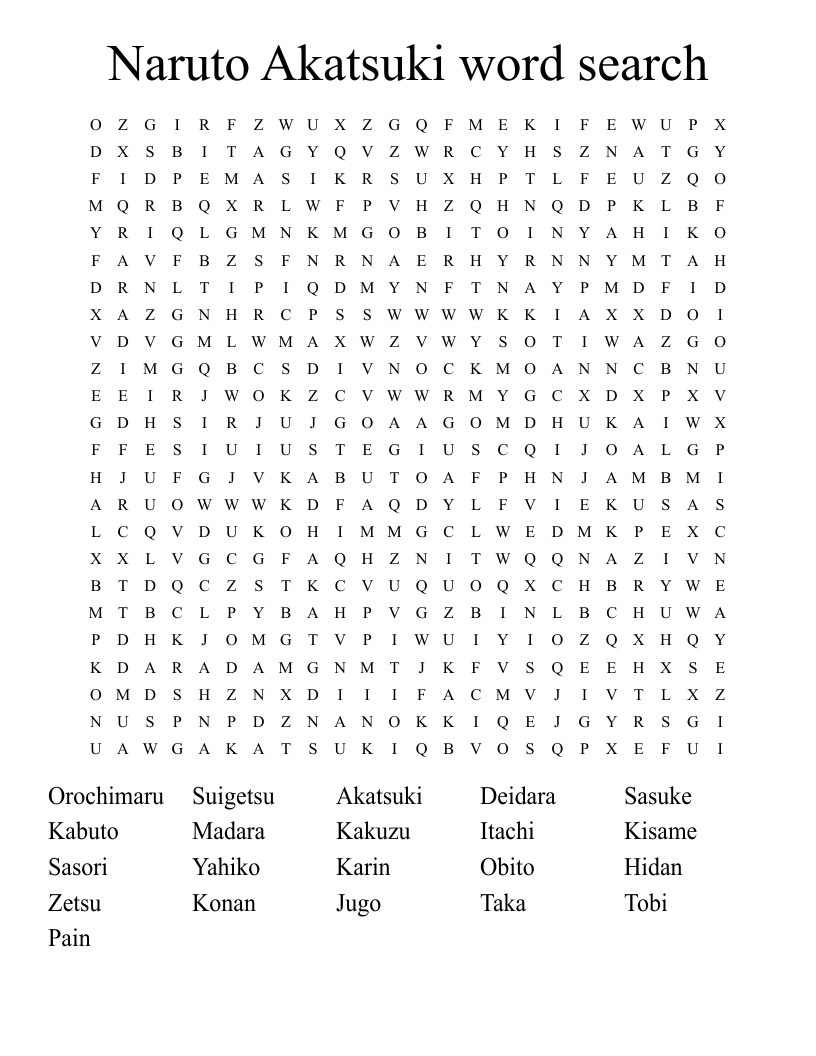Naruto Akatsuki Word Search WordMint