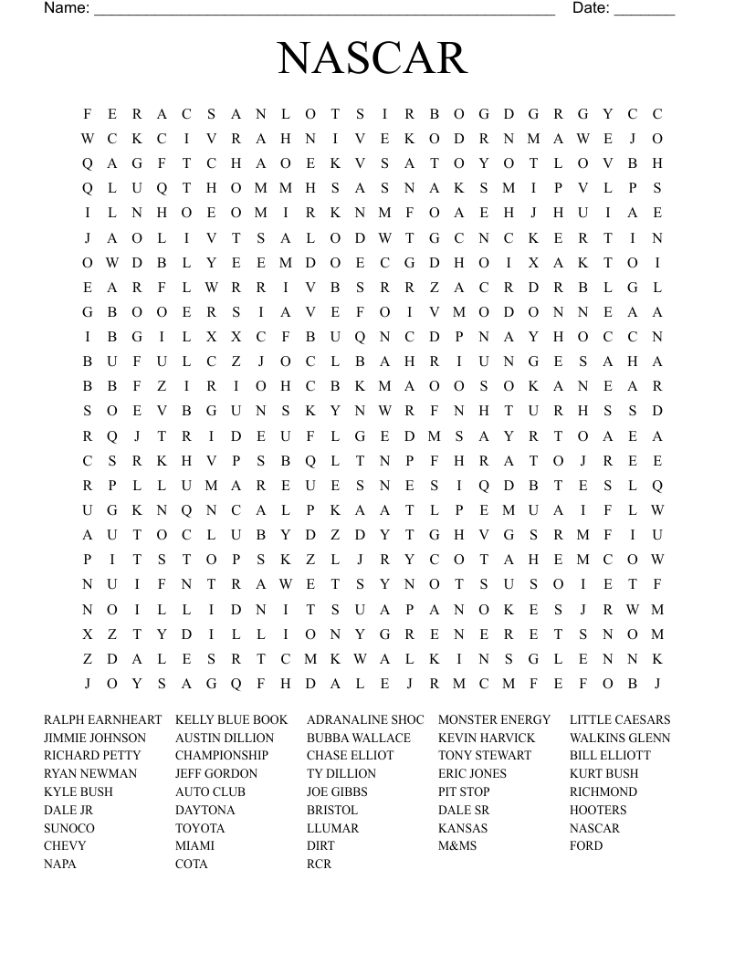 NASCAR Word Search WordMint