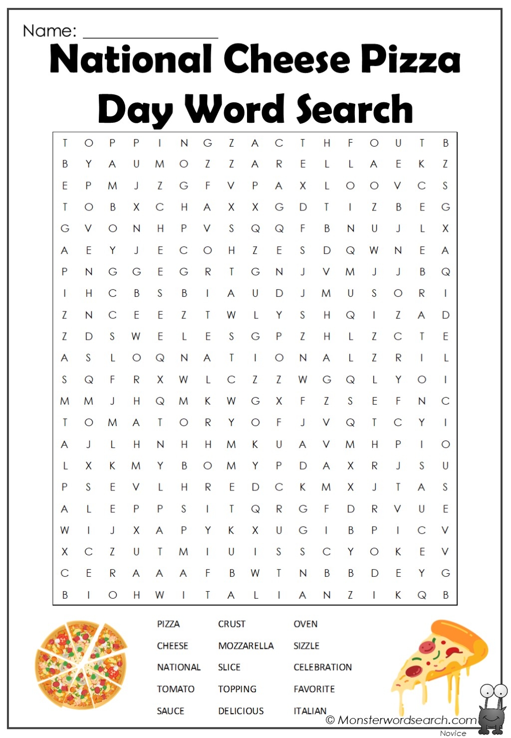 National Cheese Pizza Day Word Search Monster Word Search