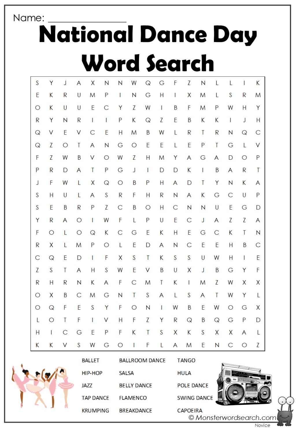 National Dance Day Word Search Monster Word Search