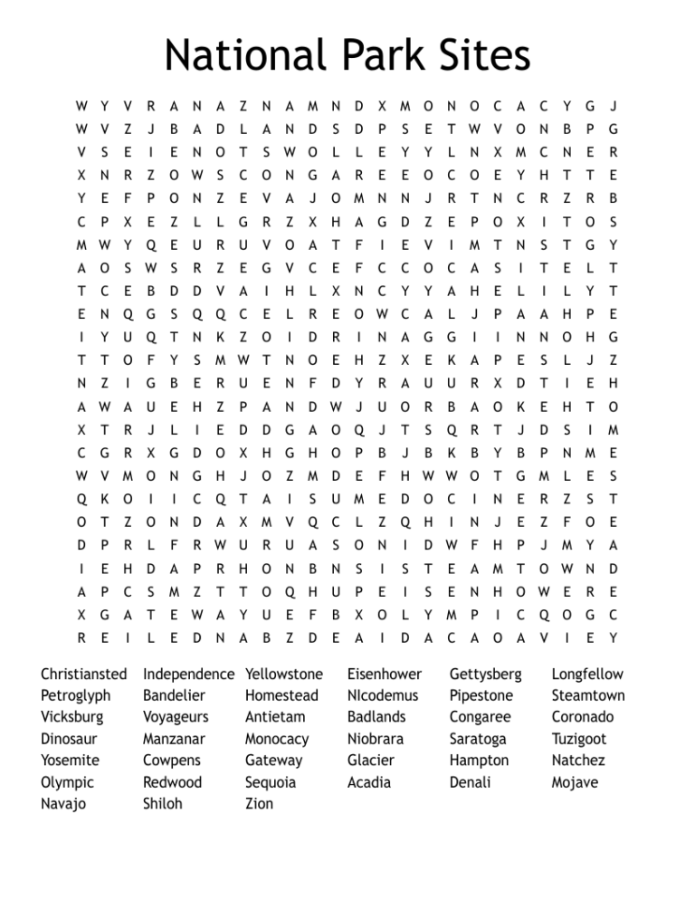 National Park Sites Word Search WordMint