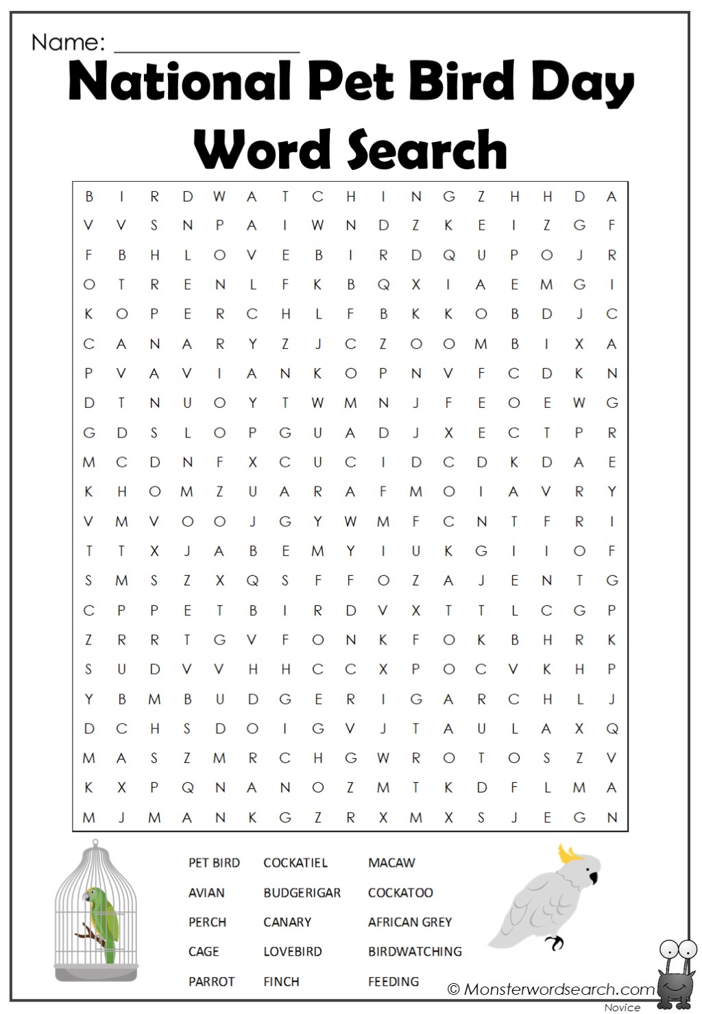 National Pet Bird Day Word Search Monster Word Search