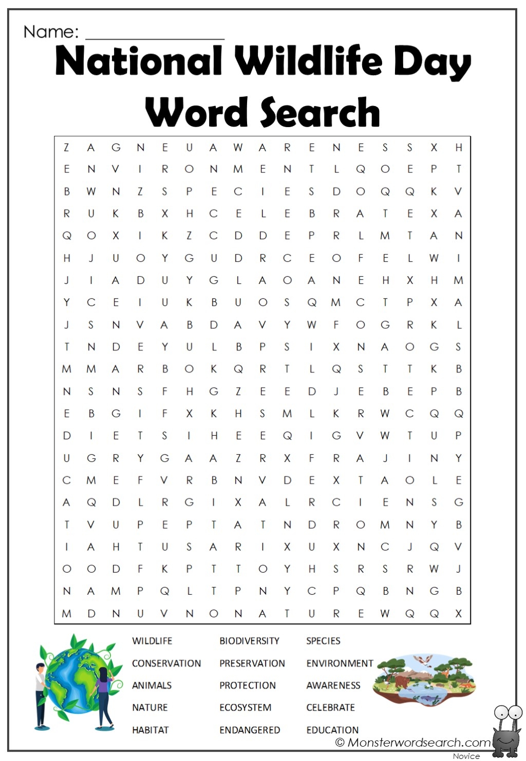 National Wildlife Day Word Search Monster Word Search