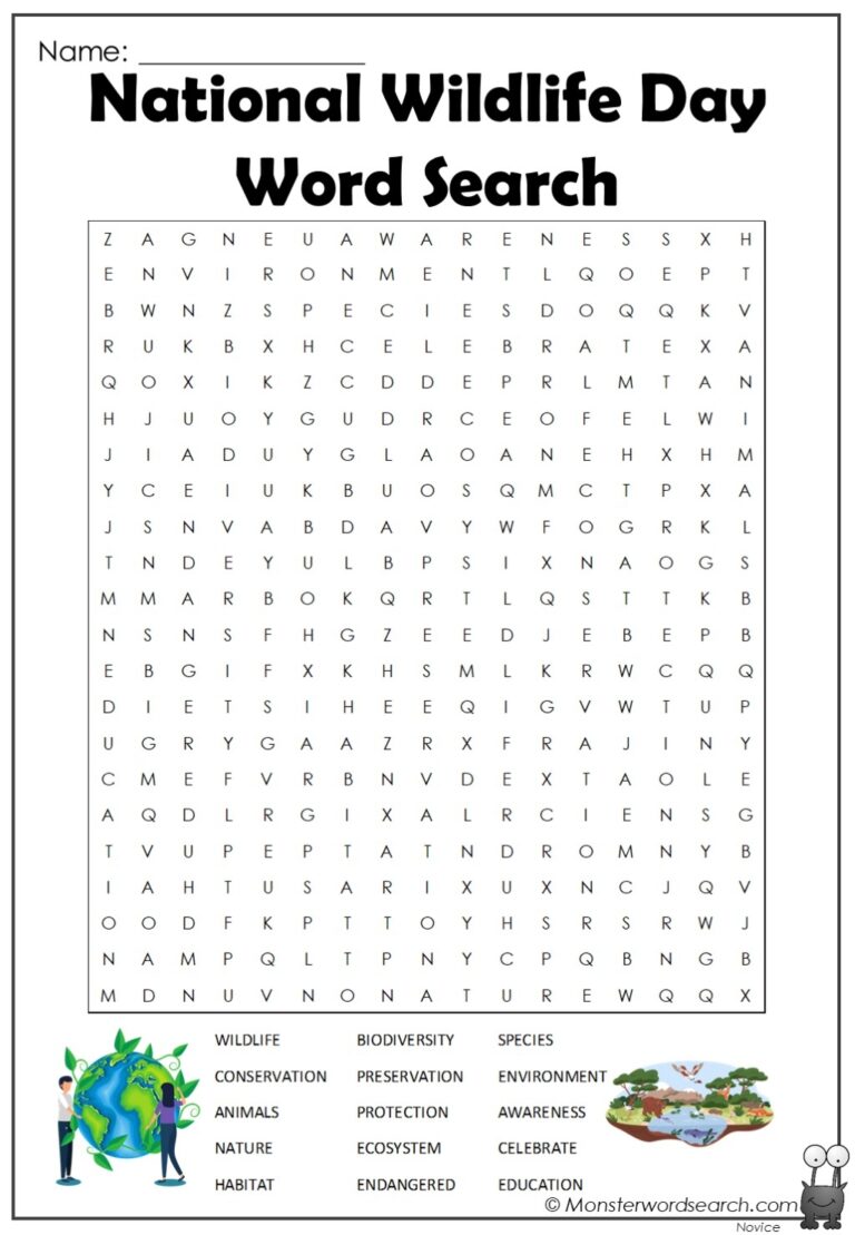National Wildlife Day Word Search Monster Word Search