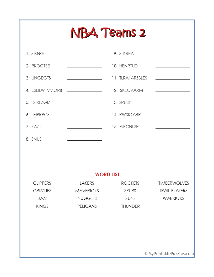 Basketball Teams Word Search Printable