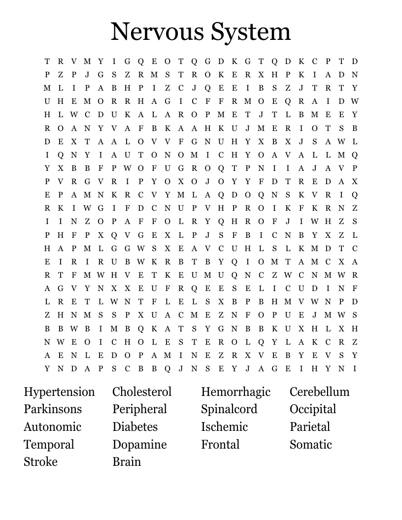 Nervous System Word Search WordMint