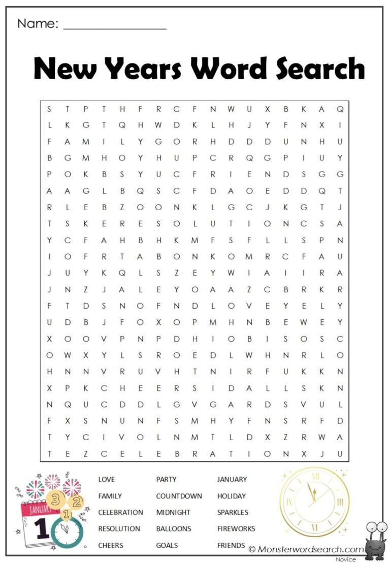 New Years Word Search Monster Word Search