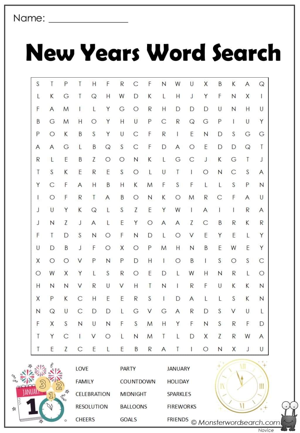 New Years Word Search Monster Word Search