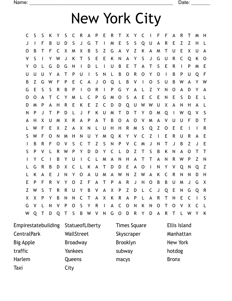 New York City Word Search WordMint