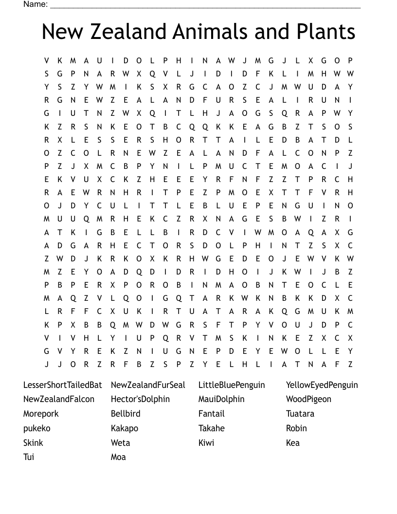 New Zealand Animals And Plants Word Search WordMint