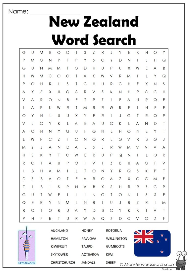 New Zealand Word Search Monster Word Search