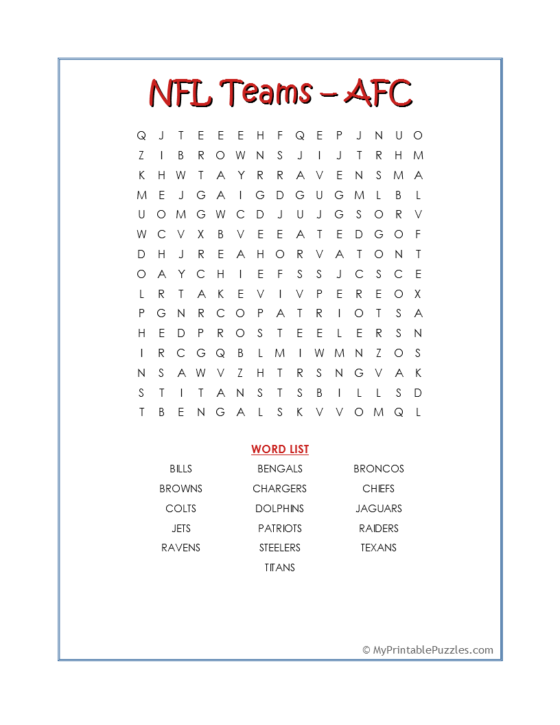NFL Teams AFC Word Search My Printable Puzzles