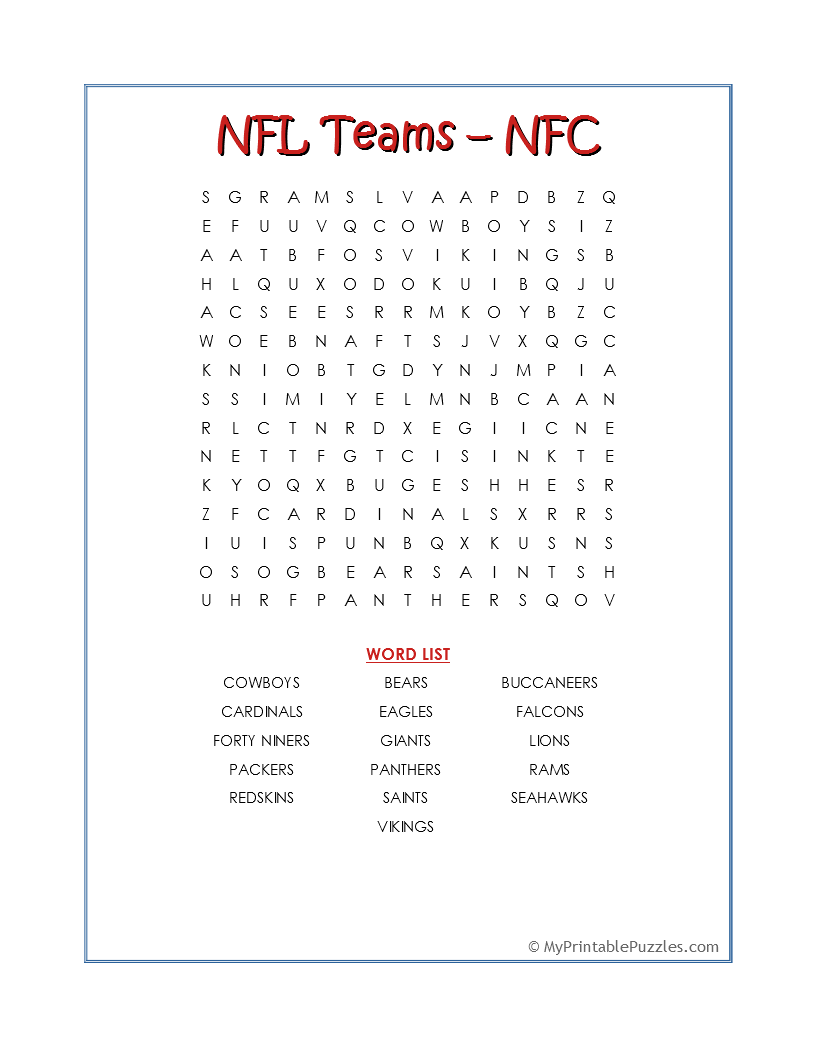 NFL Teams NFC Word Search My Printable Puzzles