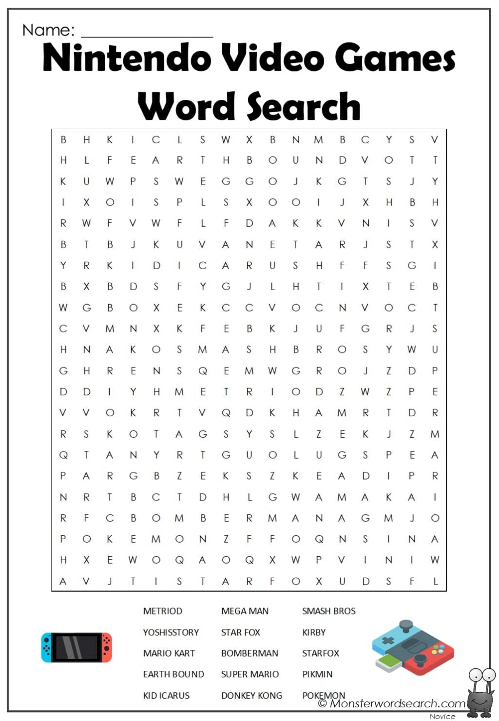 Nintendo Video Games Word Search Monster Word Search