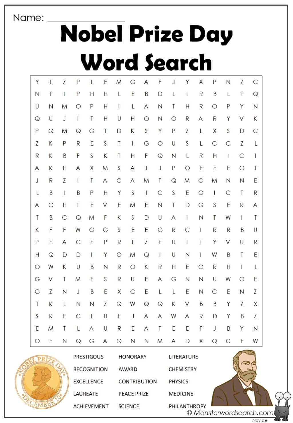 Nobel Prize Day Word Search Monster Word Search