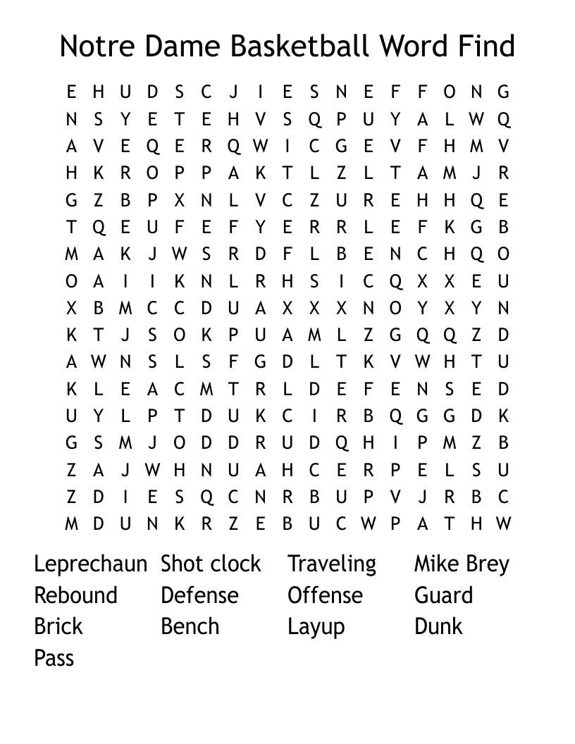 Notre Dame Basketball Word Find Word Search WordMint