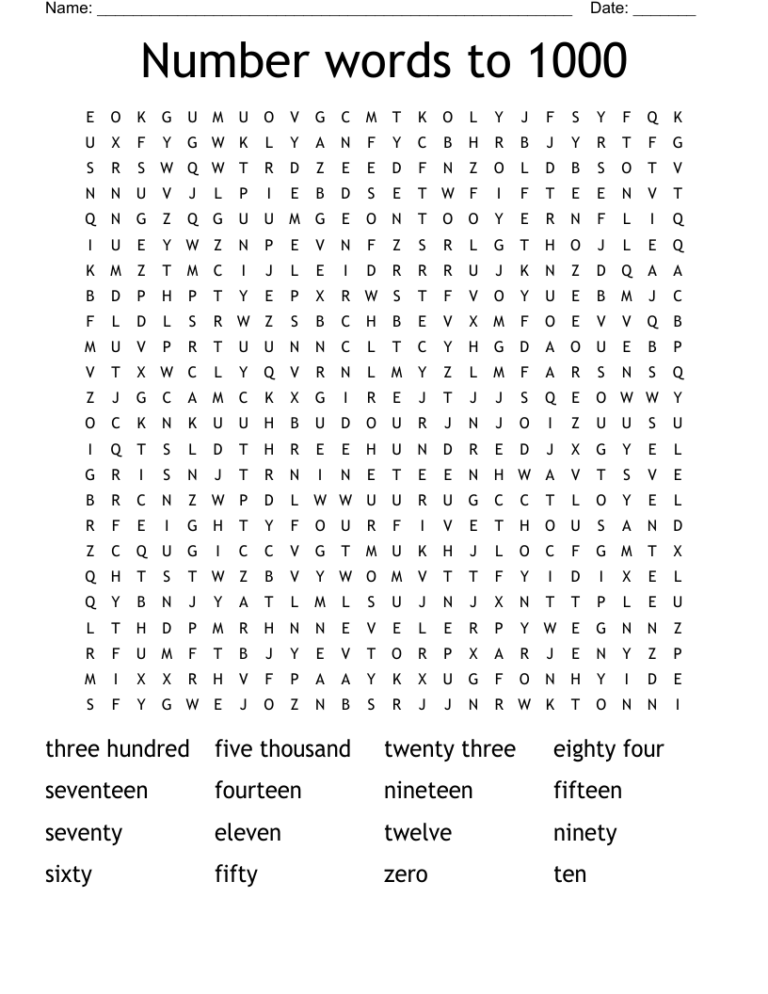 Number Words To 1000 Word Search WordMint