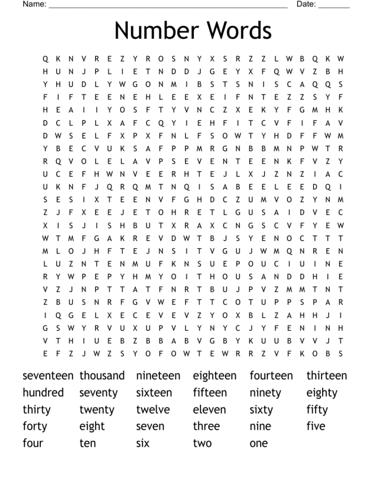 Number Words Word Search WordMint