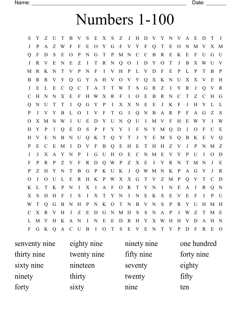 Numbers 1 100 Word Search WordMint