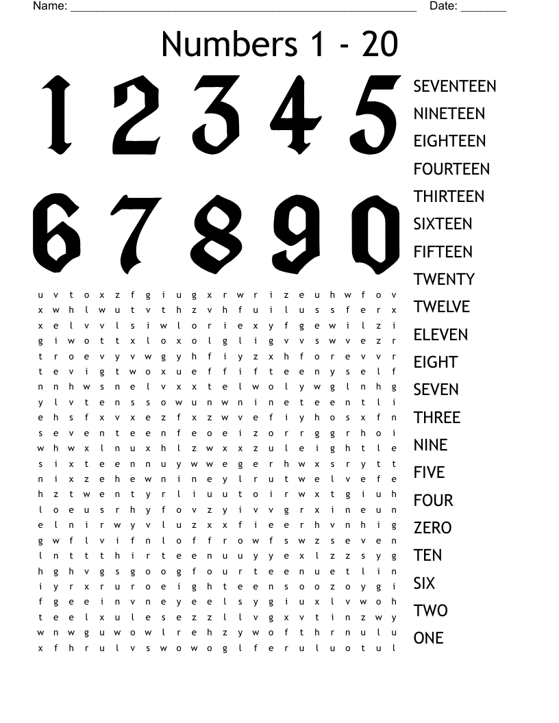 Word Search Numbers 1-20 Printable Word Search Numbers 1-20 Printable