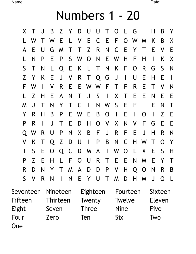 Numbers 1 20 Word Search WordMint