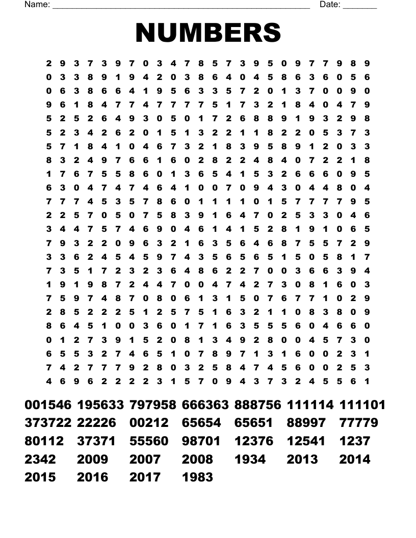 NUMBERS Word Search WordMint
