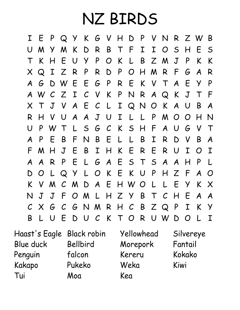 NZ BIRDS Word Search WordMint