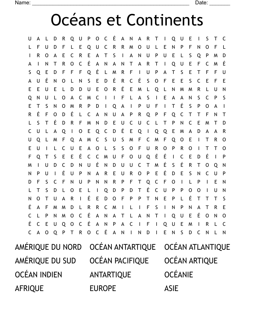 Oc ans Et Continents Word Search WordMint