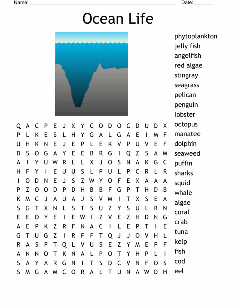 Ocean Life Word Search WordMint