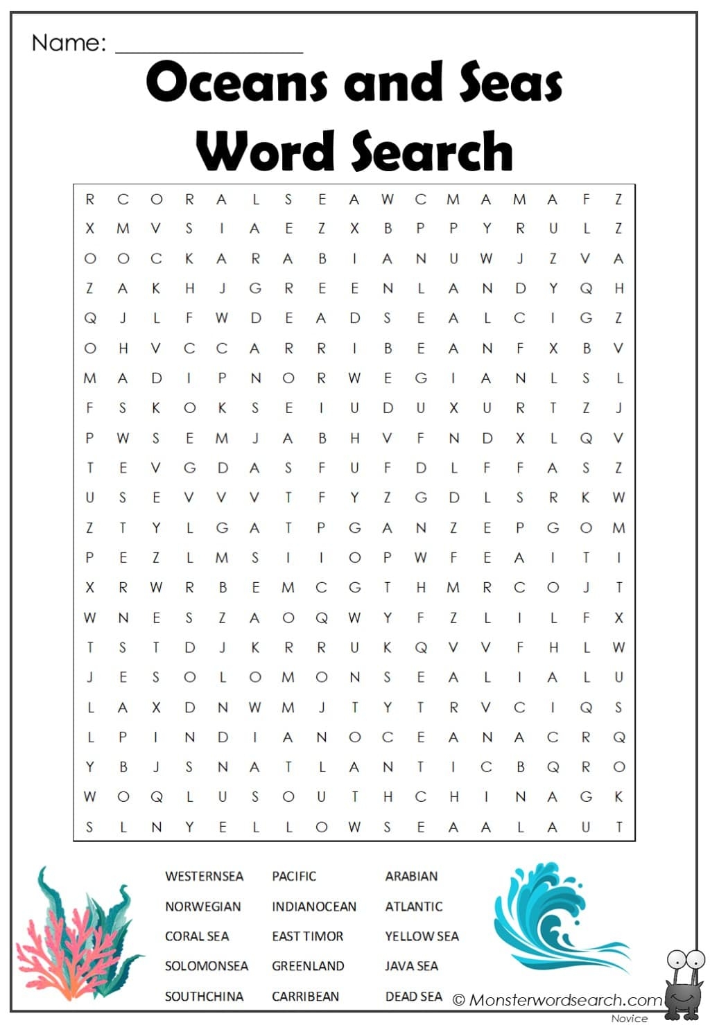 Oceans And Seas Word Search Monster Word Search
