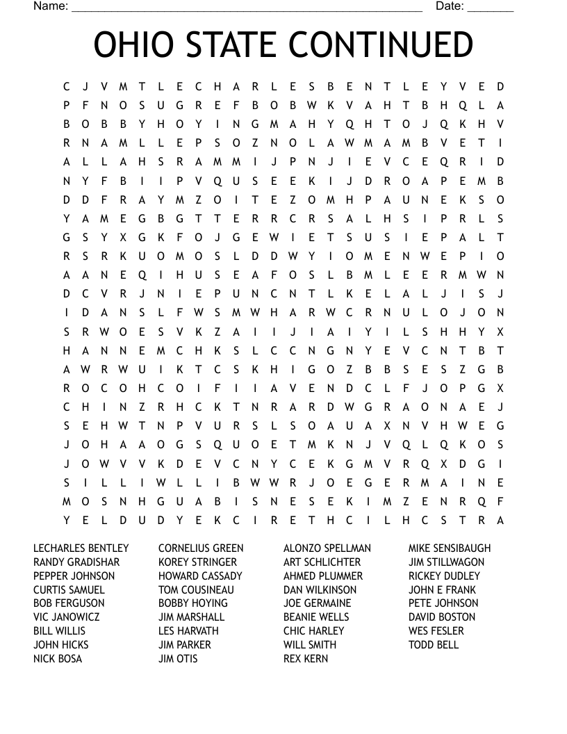 OHIO STATE CONTINUED Word Search WordMint