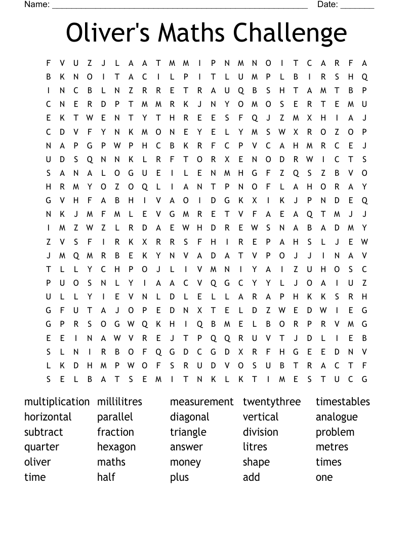 Oliver s Maths Challenge Word Search WordMint
